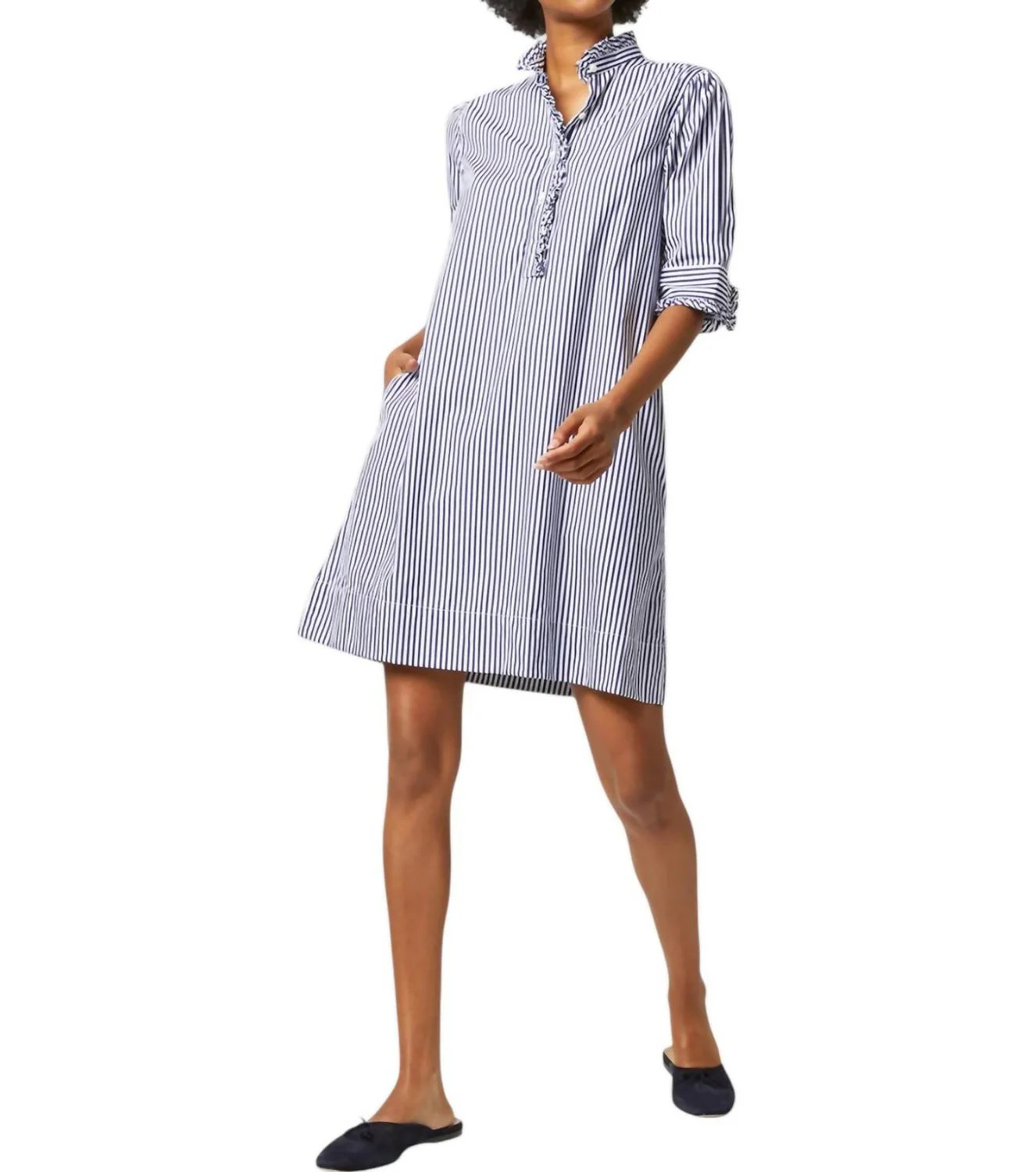 Elbow-Sleeved Frill Dress In Navy Awning Stripe | Shop Simon