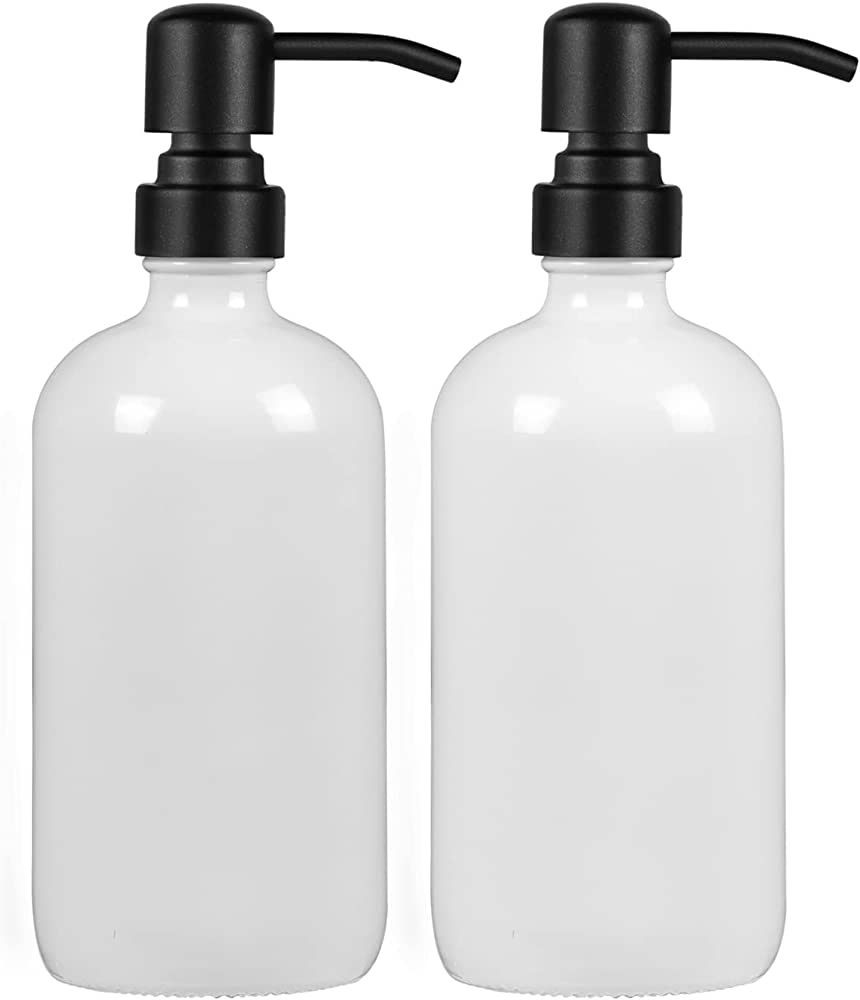 CHBJDAN 2 Pcs Thick White Glass Pint Jar Hand Soap Dispenser Bathroom with Matte Black Stainless ... | Amazon (US)