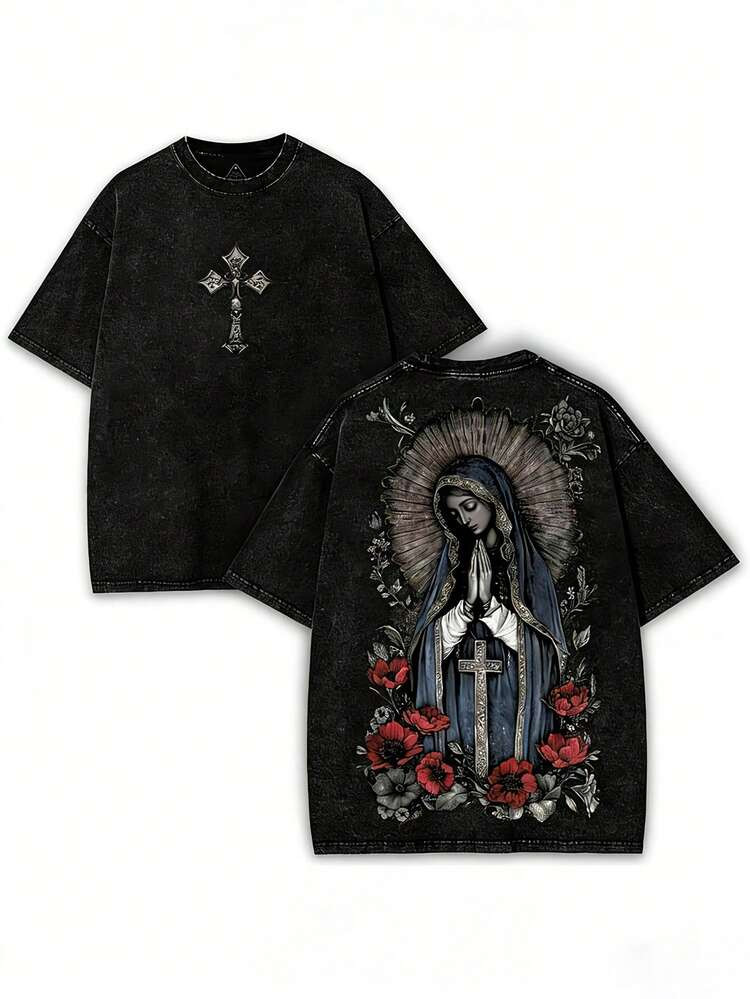 Valentine Shirts Virgin Mary Graphic T-Shirt,Washed Black Heavy Cotton, Gothic Streetwear, 100 Washed Cotton Vintage T Shirts,Tee Gift For Him Labor Day, Father's Day, Easter Gifts.Valentine Shirts | SHEIN