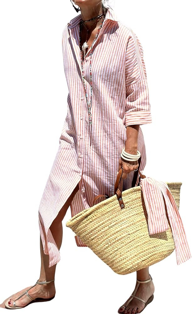 utcoco Womens 2025 Shirt Dress Casual Lapel 3/4 Sleeve Button Down Split Belted Vacation Maxi Dre... | Amazon (US)