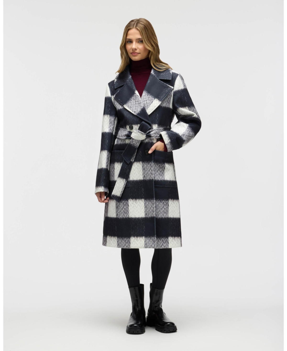 Nvlt Women's Oversized Faux Wool Buffalo Check Belted Coat - Black/white | Macy's
