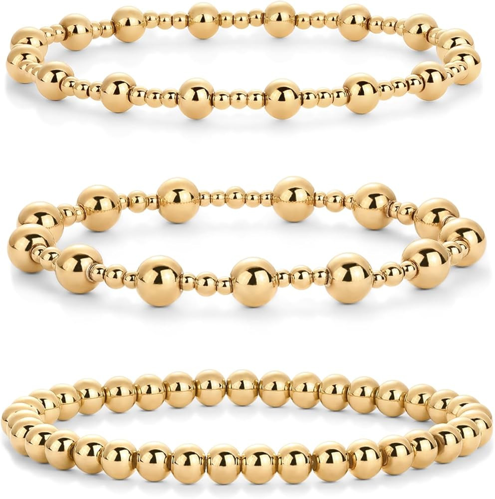 Amazon.com: PAVOI 14K Yellow Gold Plated Ball Irregular Beaded Bracelet Trio for Women | 3-Piece ... | Amazon (US)