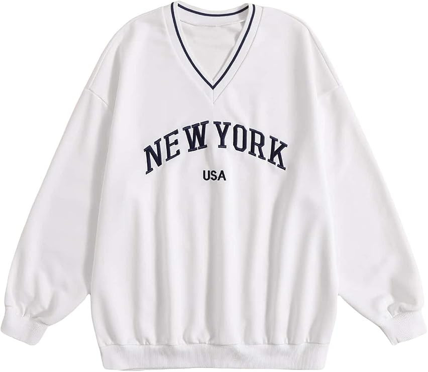 SOLY HUX Women's New York Letter Graphic Sweatshirt V Neck Long Sleeve Casual Pullover Top | Amazon (US)