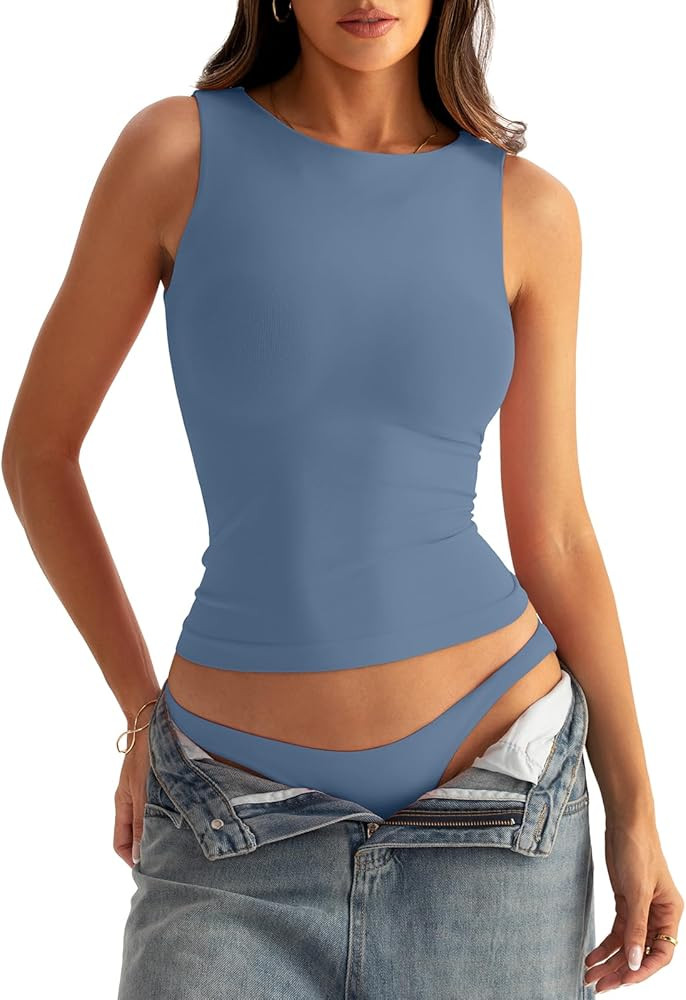 Womens Boat Neck Seamless Tank Tops Sleeveless Double Layering Shirts Basic Going Out Tops Summer... | Amazon (US)