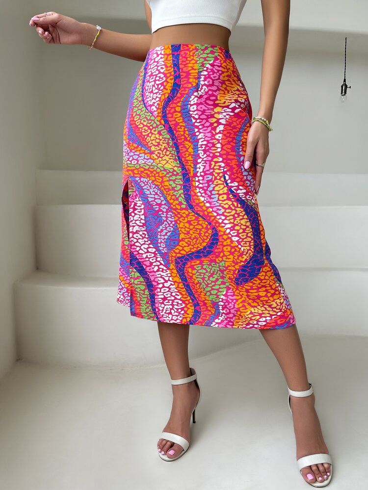 Leopard Print Split Thigh Skirt | SHEIN