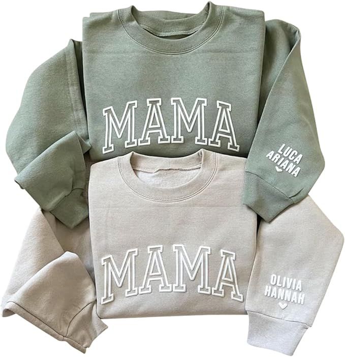 IZI POD Personalized Embossed Mama Sweatshirt with Kid Names on Sleeve, Mother's Day Shirt, Birth... | Amazon (US)