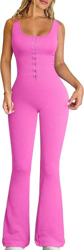 OQQ Jumpsuits For Women Ribbed Square Neck Sleeveless Sexy Stretch Flare Jumpsuits | Amazon (US)
