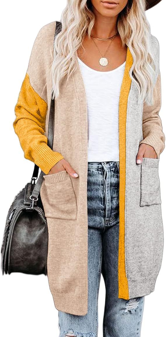 Lovaru Womens Boho Open Front Cardigan Colorblock Long Sleeve Loose Knit Lightweight Sweaters | Amazon (US)