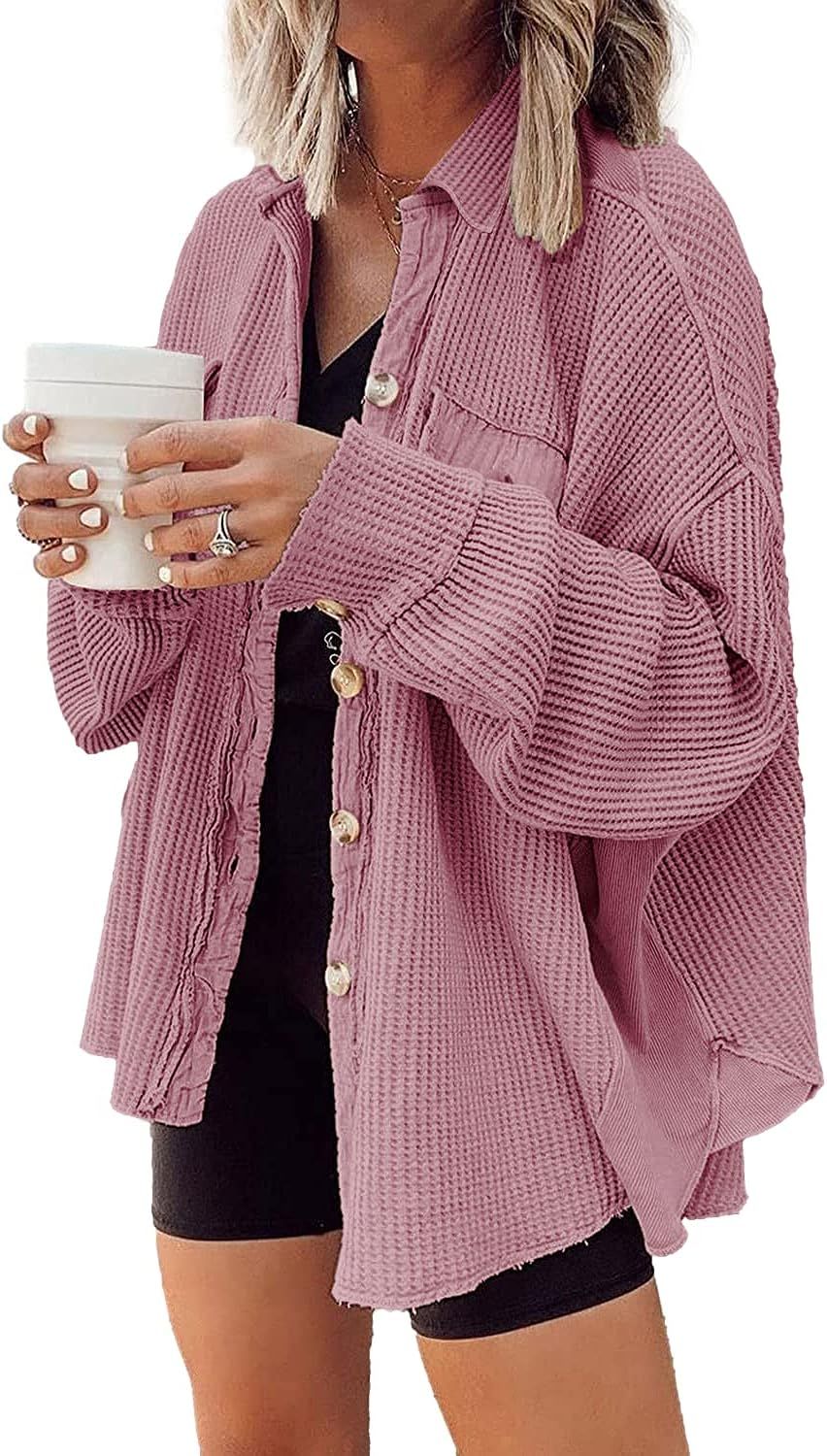 Amazon.com: Nirovien Womens Waffle Knit Shirt Jacket Oversized Button Down Shacket Batwing Sleeve... | Amazon (US)