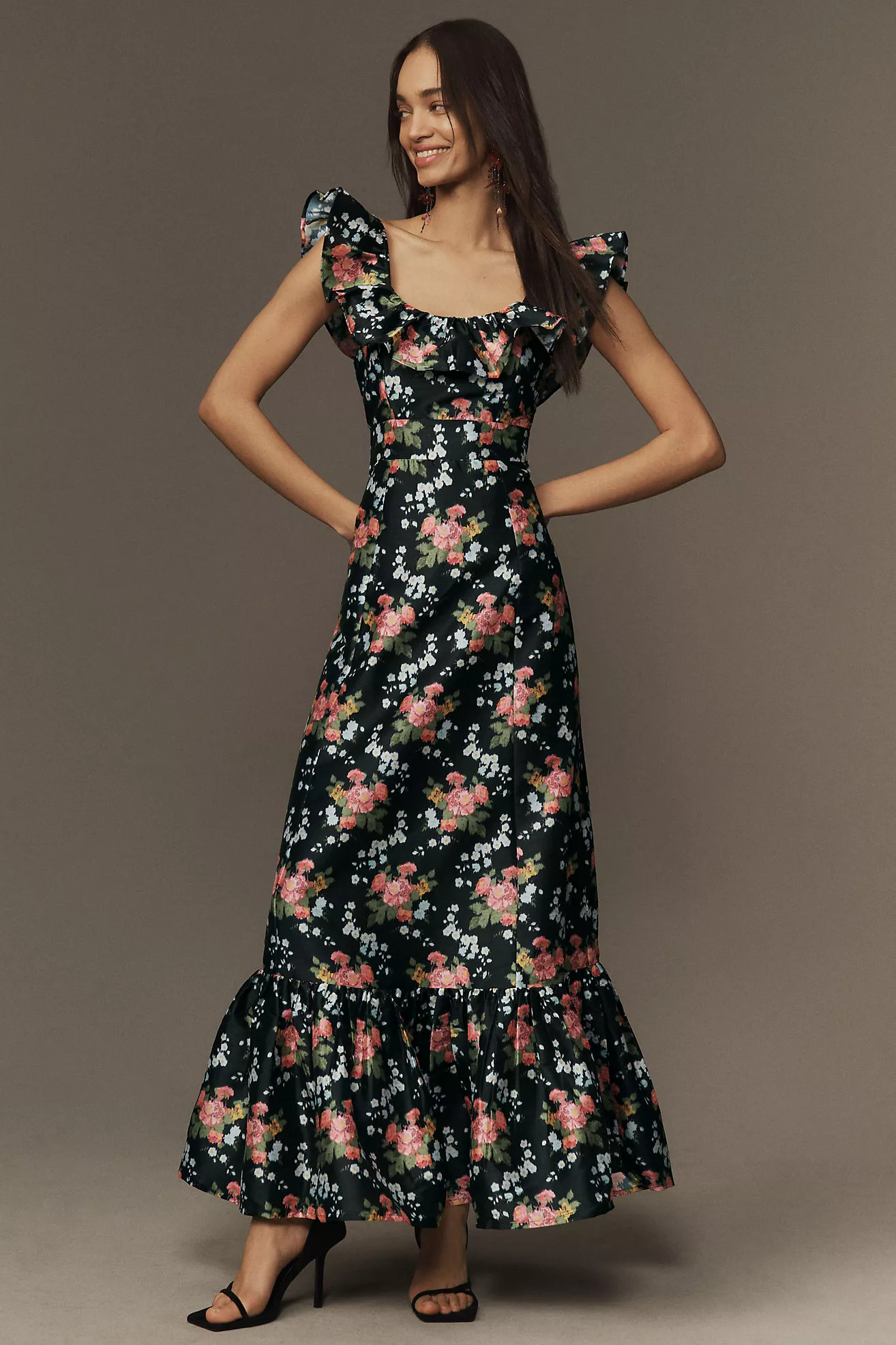 Louise New York Camille Ruffled Floral Brocade Maxi Dress | Anthropologie (US)