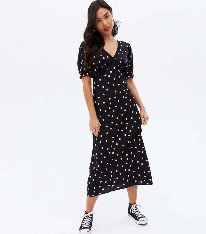 Black Spot Lace Trim Puff Sleeve Midi Dress
						
						Add to Saved Items
						Remove from Sav... | New Look (UK)