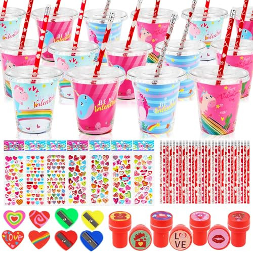 Advoxa Valentines Day Gifts for Kids - 28 Packs Valentines Stationery with Cards and Cups, Valentines Gift Exchange Classroom Prize Rewards Party Favors Toys | Amazon (US)