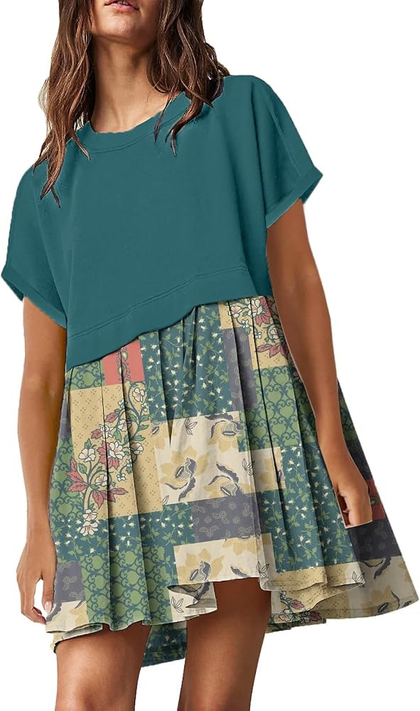 SAUKOLE Womens Summer Crew Neck Short Sleeve Dress Patchwork Pleated A Line Beach Mini Dress | Amazon (US)
