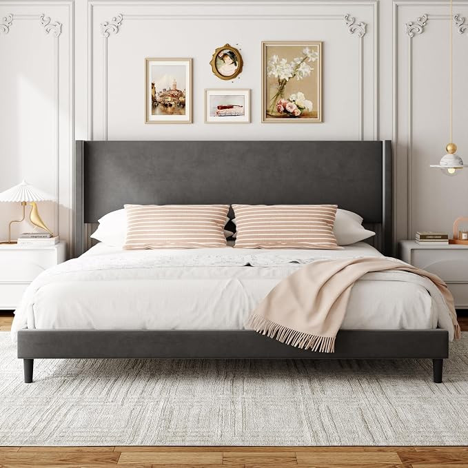 Sismplly King Bed Frame with Wingback Headboard, Velvet Upholstered Platform Bed with Wooden Slat... | Amazon (US)