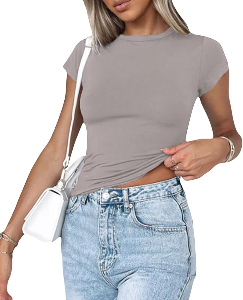 Basic Fitted Short Sleeve Tees for Women Solid Slimming Dupes Shirt Y2k Skinny Tops Summer Going ... | Amazon (US)
