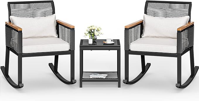 YITAHOME 3-Piece Patio Wicker Rocking Chair Outdoor Conversation Bistro Set with Wood Armrest and... | Amazon (US)