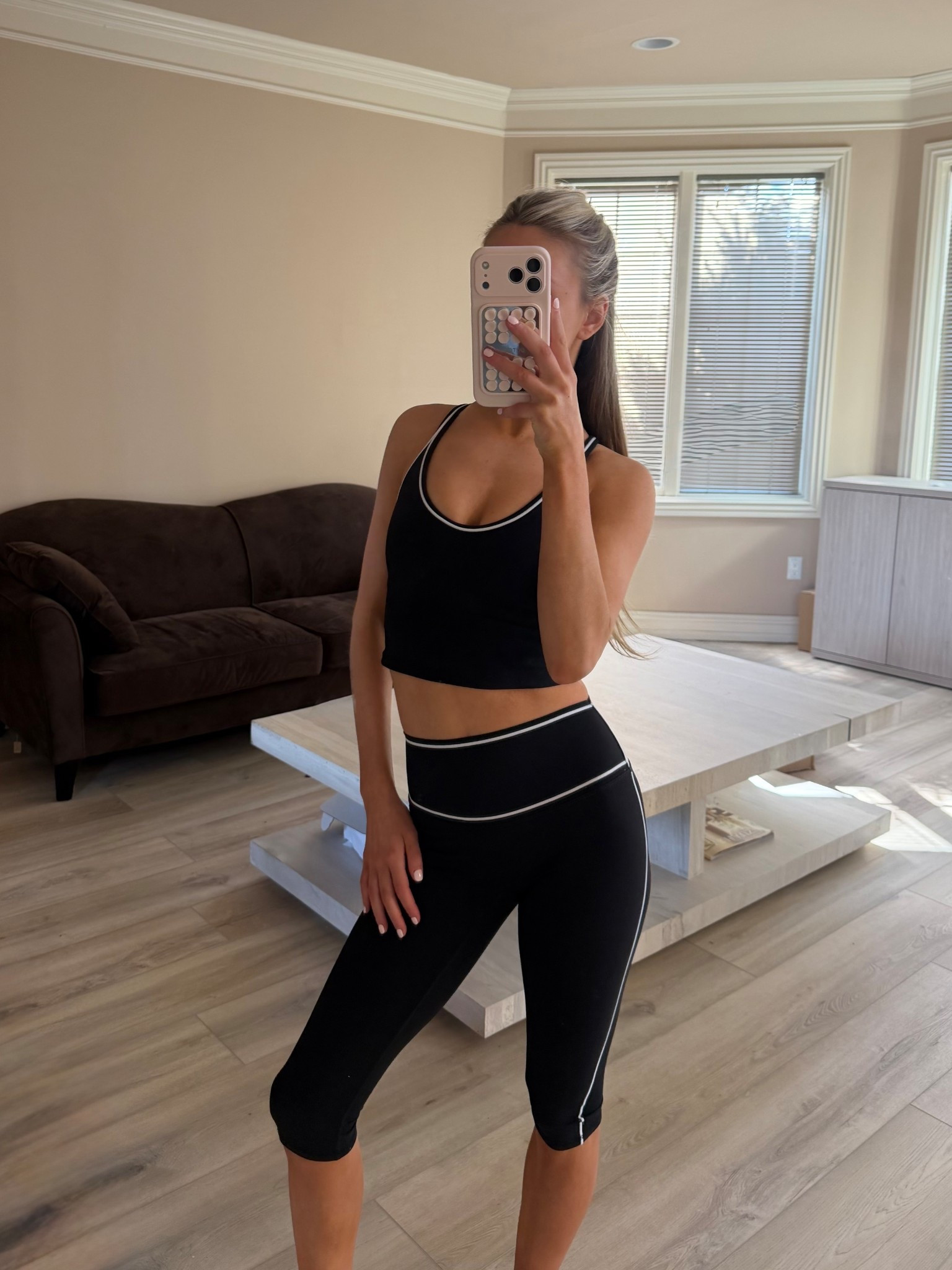 Hot yoga ootd from the Fabletics X Kourtney Kardashian collab!! 

Capri leggings, black and white workout set 

#LTKootd