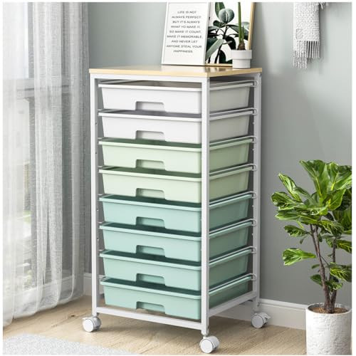 Rolling Storage Utility Cart Organizers with 8 Drawers and Wooden Tabletop for Living Room,Office,Classroom,Craft Room,Bedroom,Dorm,Green | Amazon (US)