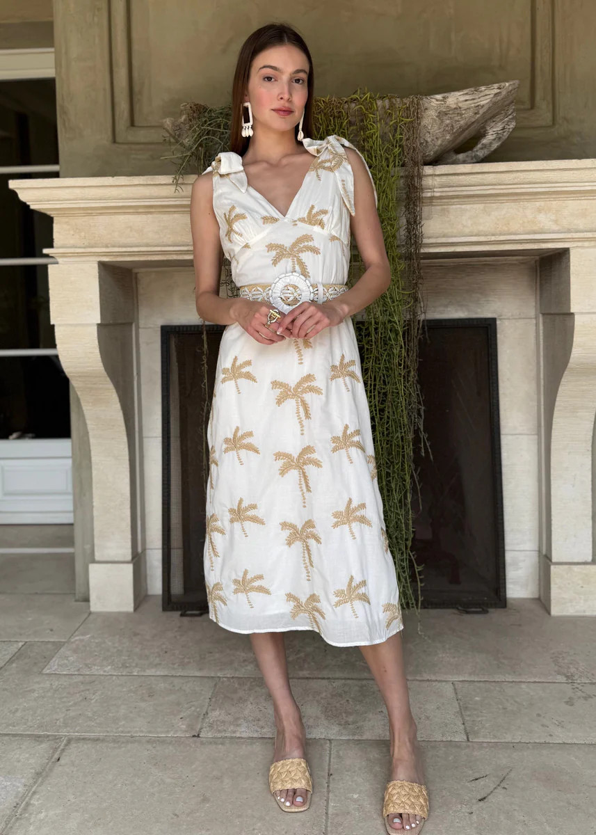 Maddie Cream with Tan Palm Tree Embroidery Midi Dress | Benaar La