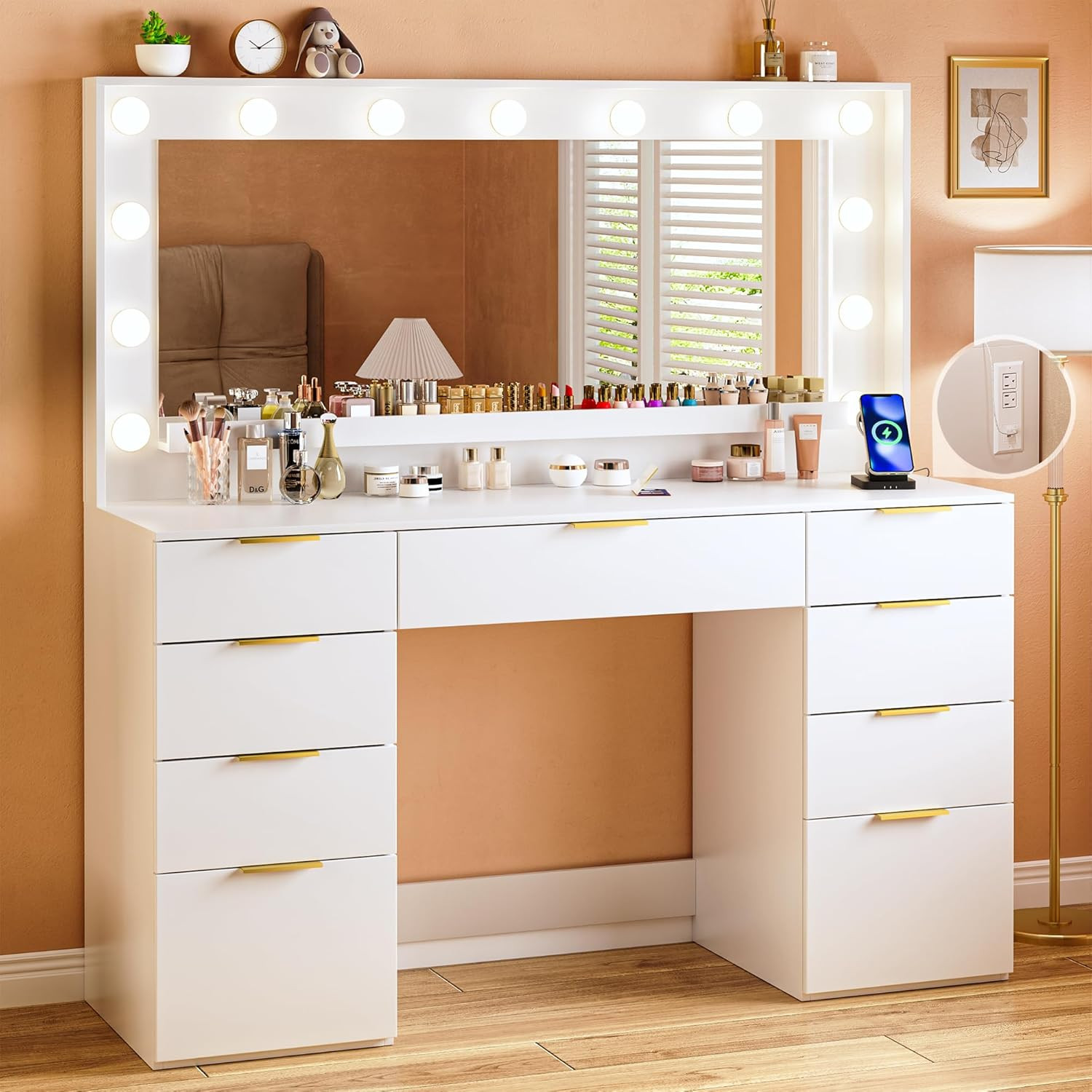 Vanity Desk with Large Mirror and Lights, 45.3in Makeup Vanity with Power Outlet 9 Drawers & Stor... | Amazon (US)