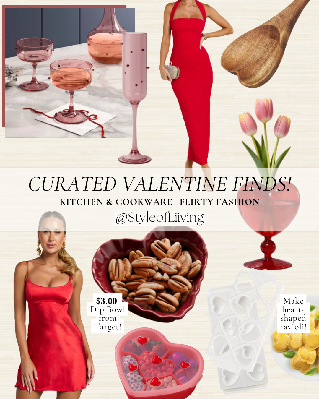 Valentines Day finds! Flirty red dresses for date night. Mini silk satin red dress. Fitted bodycon maxi dress. Heart-shaped glass vases. Cookware from Target. Heart-shaped dip bowl, snack container, ravioli molds, glassware, wine decanter, wood spoon.
#vday #valentinesday #datenight #heartshaped #target #targetfinds #cookware #serveware #drinkware 

 #LTKootd #LTKfoodie #LTKHome