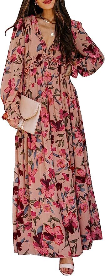 BLENCOT Womens Casual Floral Deep V Neck Long Sleeve Long Evening Dress Cocktail Party Maxi Weddi... | Amazon (US)