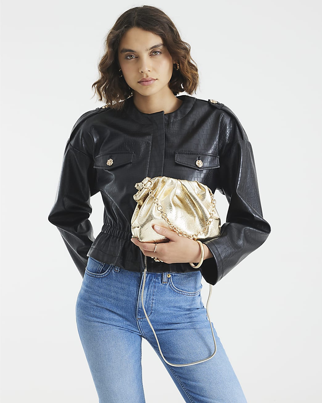 Gold Ruched Chain Detail Cross Body Bag | River Island UK & IE