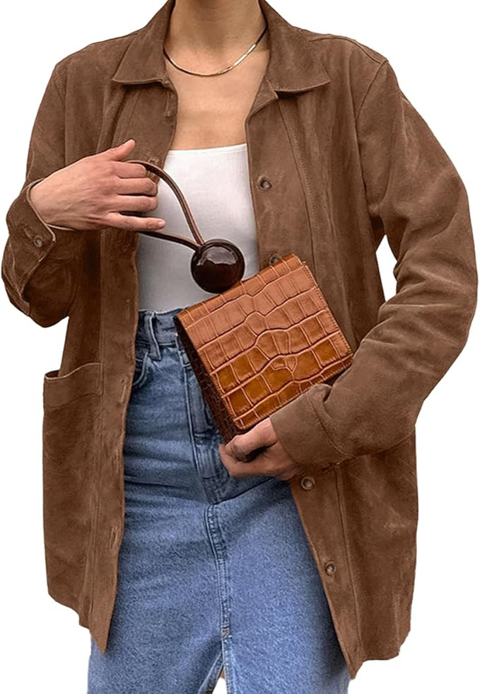 VOIKERDR Women's Faux Suede Jacket Casual Long Sleeve Lapel Button Suede Jacket with Pockets 2024... | Amazon (US)