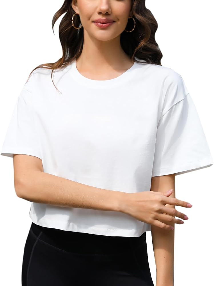 Women Workout Crop Top T-Shirt 100% Cotton Drop Shoulder Half Sleeve Oversized Yoga Running Cropp... | Amazon (US)