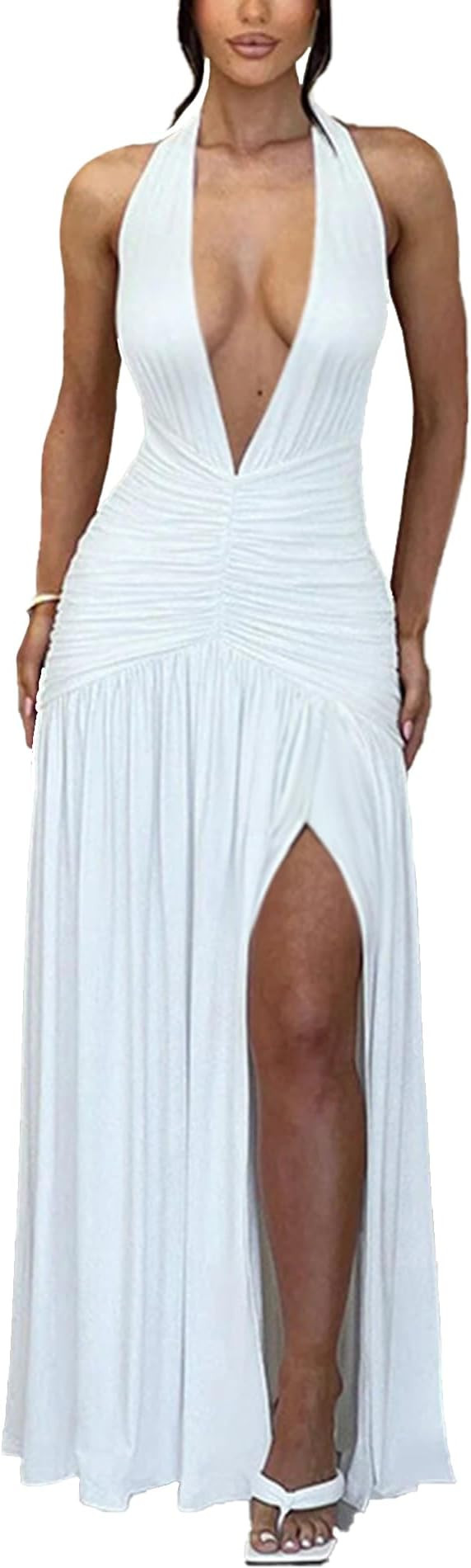 Ekaliy Women's Sexy Halter Deep V Neck Maxi Dress Sleeveless Backless High Slit Ruched Long Dress... | Amazon (US)