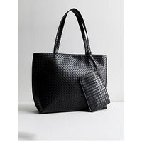 New Look Black Leather-look Woven Tote Bag And Pouch, Black, Women | Very (UK)