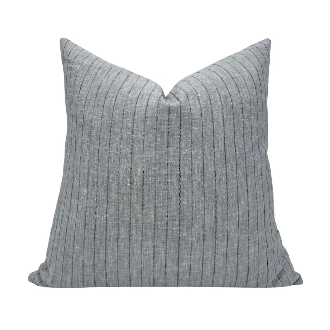 SAYLOR Blue Linen Striped Pillow Cover, Dark Blue Stripes on Light Blue Linen, Striped Pillow, Fa... | Etsy (US)