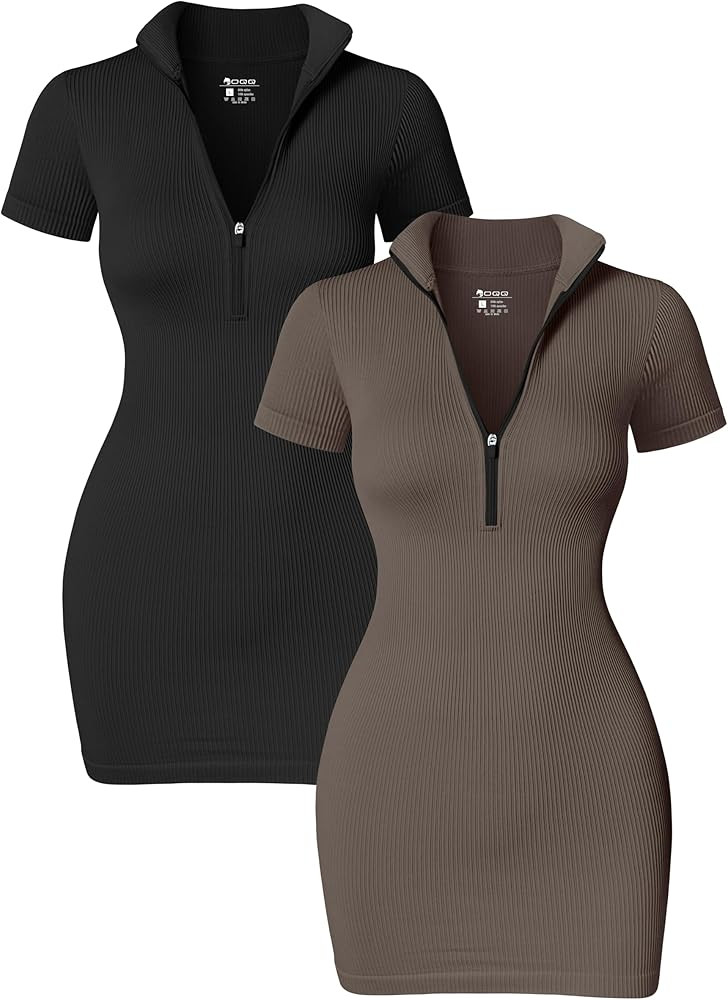 OQQ Women's 2 Piece Dresses Sexy Ribbed Zip Front Short Sleeve Stretch Tops Mini Dress | Amazon (US)