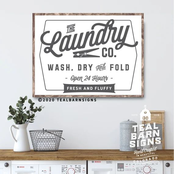 The Laundry Co Wash Dry and Fold Framed Wood Sign -- Farmhouse Style Decor | Etsy (US)