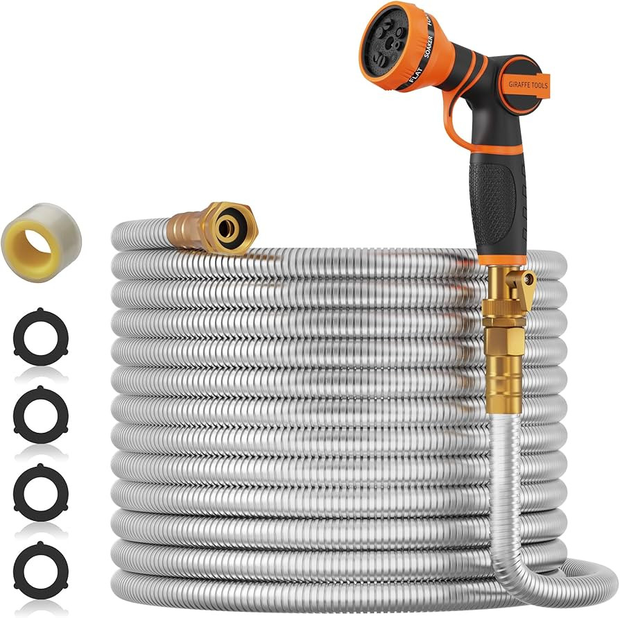 Giraffe Tools Garden Hose 75ft x 5/8", Metal Garden Hose 75ft, 304 Stainless Steel Garden Hose wi... | Amazon (US)