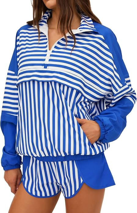 Fisoew Striped 2 Piece Sets for Women Tennis Athletic Short Set Fall Outfit | Amazon (US)