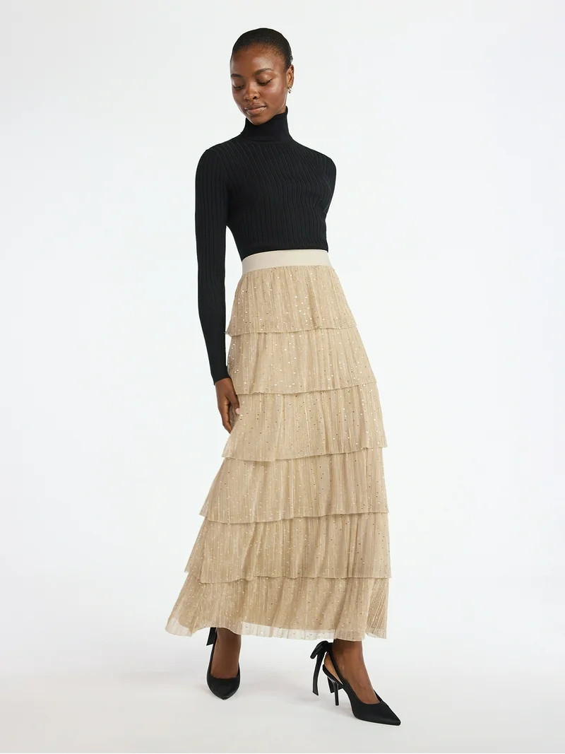 Scoop Women's and Women's Plus Glitter Ruffle Maxi Skirt, Sizes XS-4X | Walmart (US)