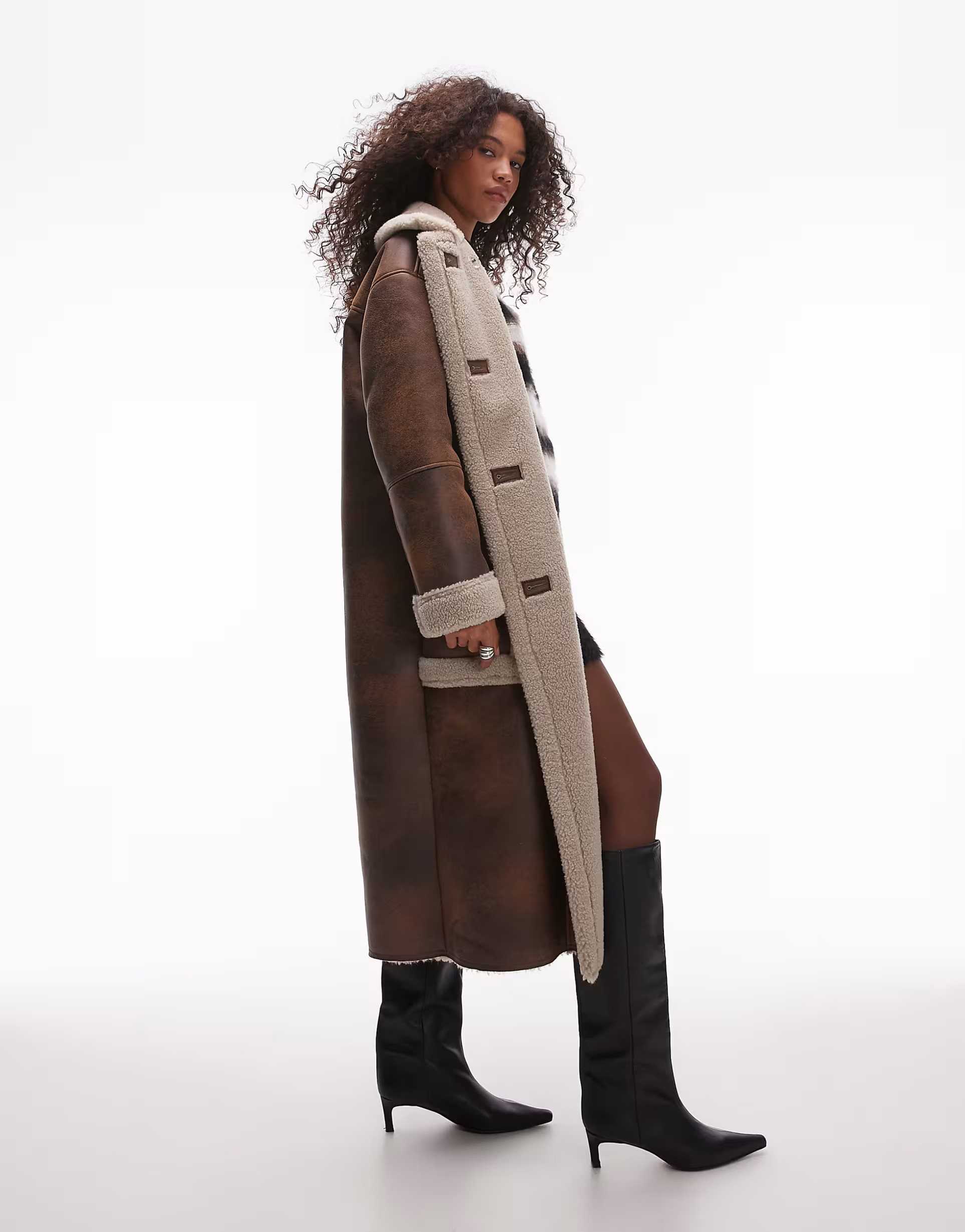 Topshop oversized long car coat in brown and cream | ASOS (Global)