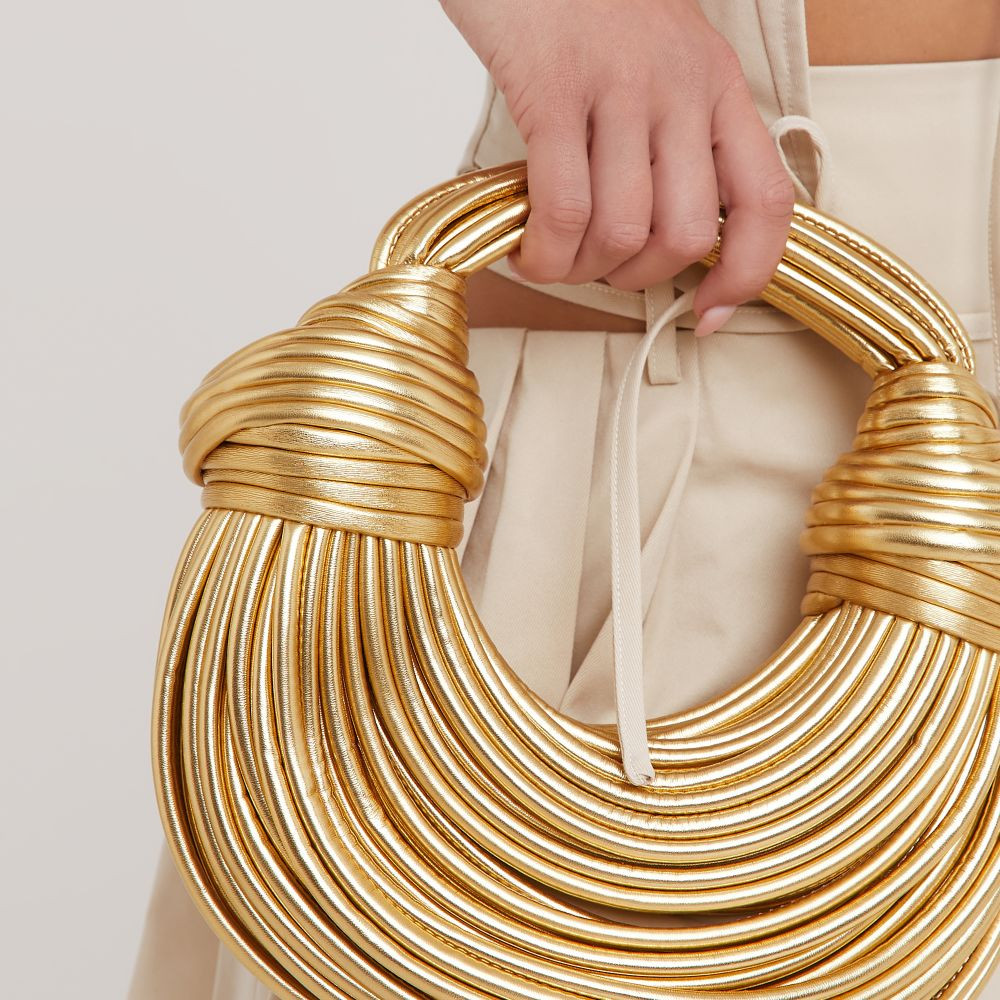 Leif Knotted Detail Strappy Shoulder Bag In Gold Metallic Faux Leather | EGO (UK)