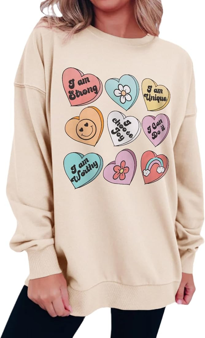 IZYJOY Women Valentine's Day Sweatshirt Teacher Positive Affirmations Heart Pullover Top Candy He... | Amazon (US)