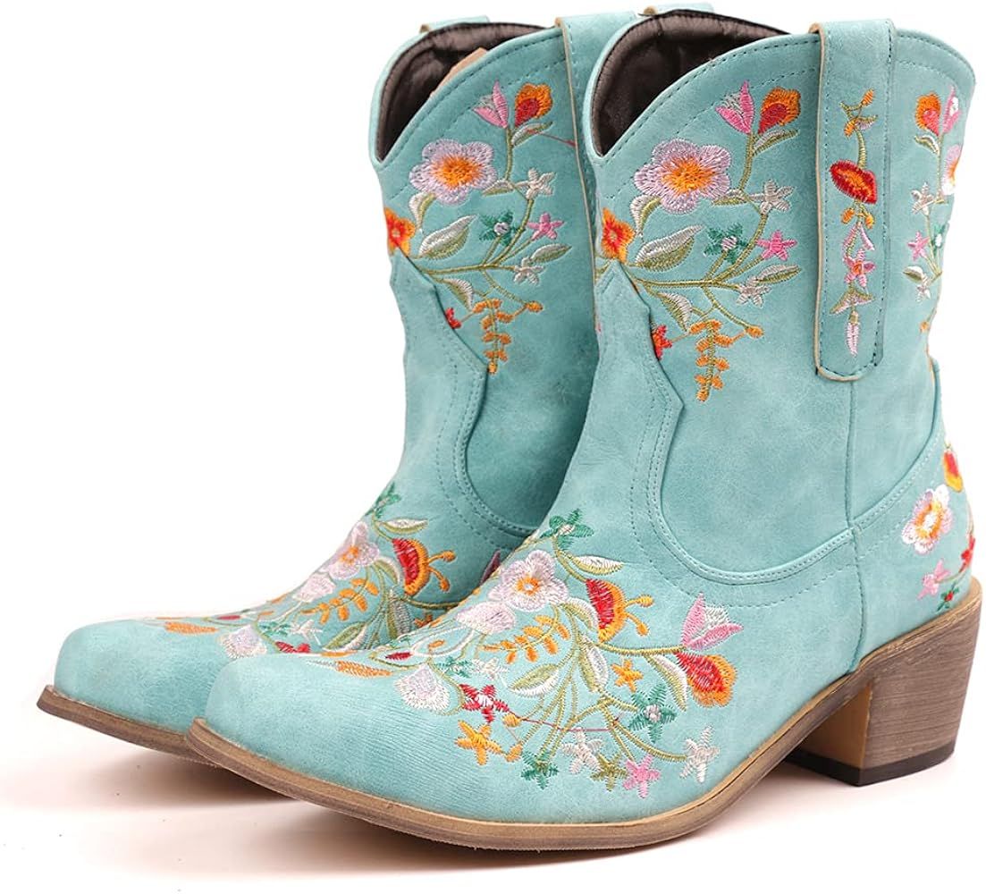 heelchic Women Vintage Flower Embroidered Cowgirl Boots Retro Short Western Ankle Boots | Amazon (US)