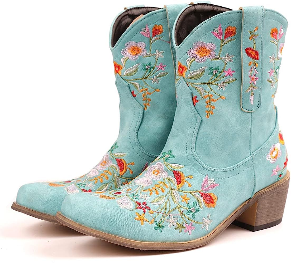 heelchic Women Vintage Flower Embroidered Cowgirl Boots Retro Short Western Ankle Boots | Amazon (US)
