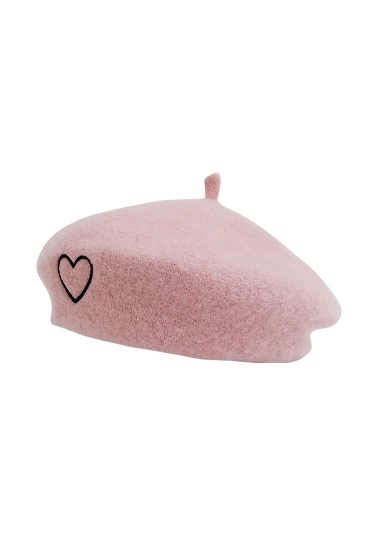 Embroidered Heart Wool-Blend Beret in Pink | Chicwish