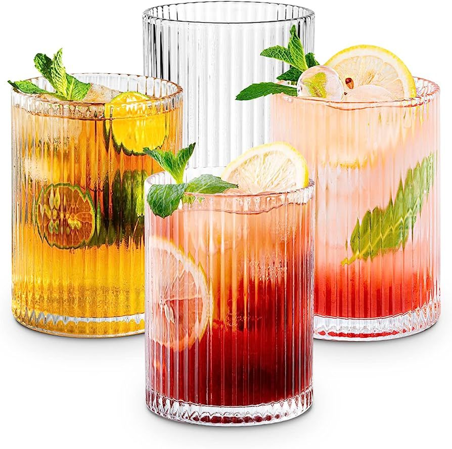 Combler Cocktail Glasses, Rocks Whiskey Glasses, 9oz Drinking Glasses Set of 4, Vintage Ribbed Gl... | Amazon (US)