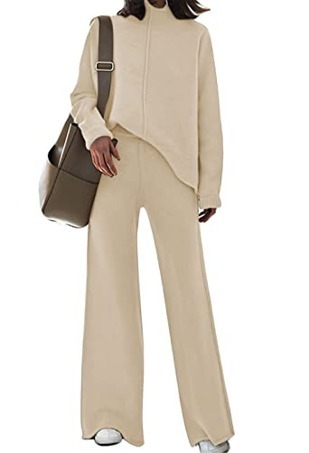 Amazon.com: Viottiset Women's 2 Piece Outfits Sweater Set Wide Leg Pants High Neck Sweatsuit Casu... | Amazon (US)