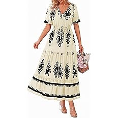 Lazysmile Summer Dresses for Women Short Sleeve V Neck Floral Drawstring Flowy A Line Boho Maxi D... | Amazon (US)