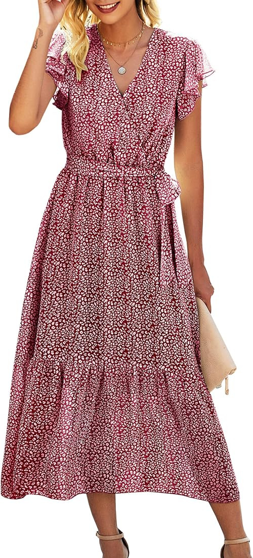 Women’s Dresses Short Sleeve Wrap V Neck Ruffle Floral Printed Midi Dress with Belt | Amazon (US)