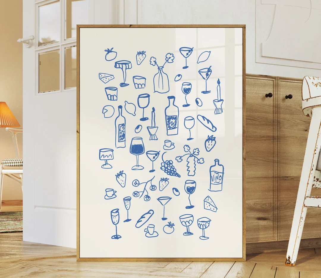 Retro Dinner Table Print, Food and Drinks Illustrations Poster, Maximalist Kitchen Gallery Wall A... | Etsy (US)