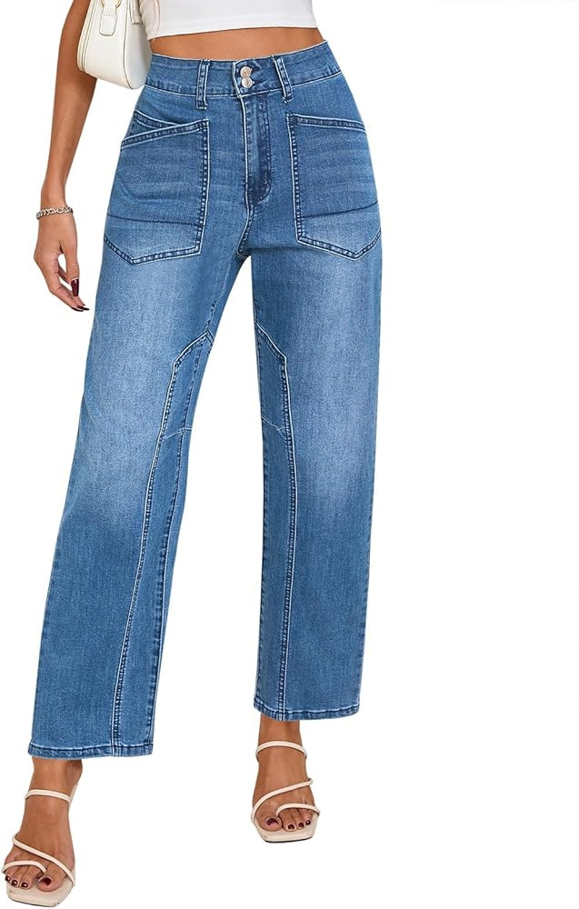 Cicy Bell Womens Baggy Straight Leg Jeans High Waisted Barrel Boyfriend Button Stretchy Trendy De... | Amazon (US)