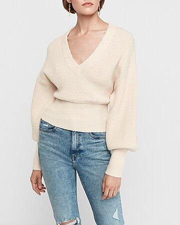 high banded ribbed v-neck sweater | Express